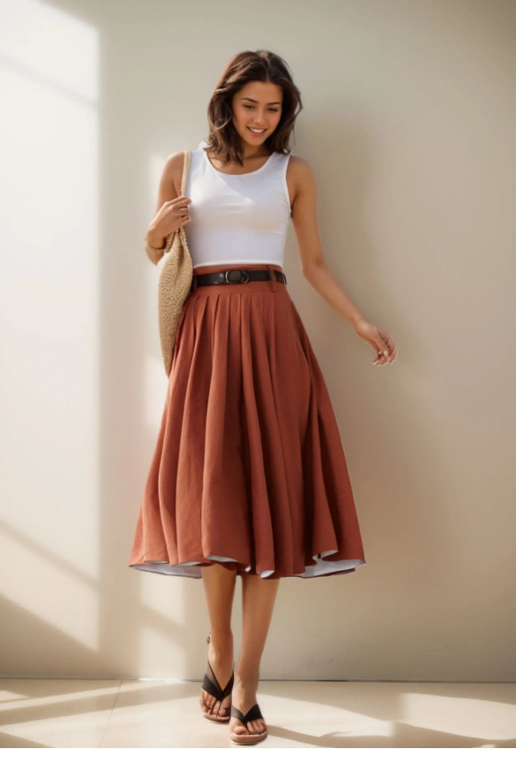 Brown Linen Midi Skirt - Pleated Full Circle Silhouette with Pockets 4976