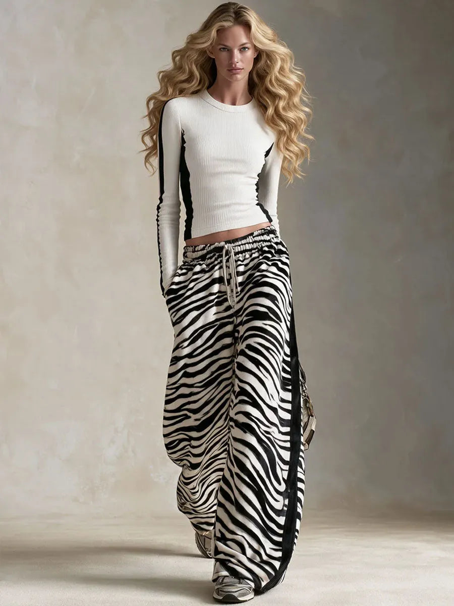 Casual Retro Sporty Black And White Color Block Knitted T-shirt