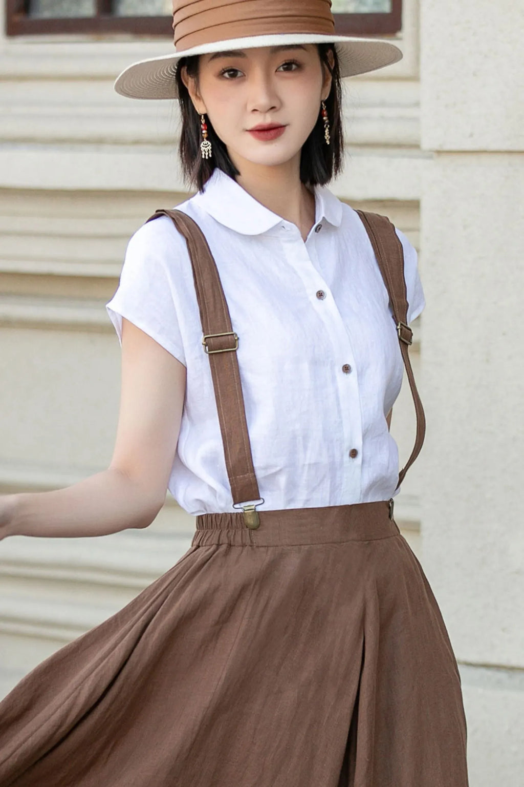 White Linen Shirt Top - Loose Fit, Lapel Collar 4921