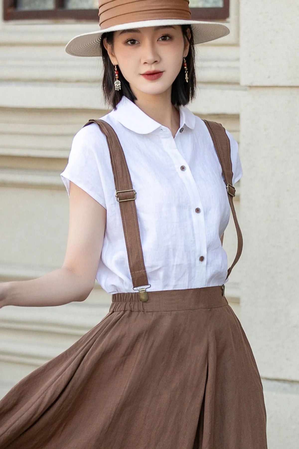 White Linen Shirt Top - Loose Fit, Lapel Collar 4921