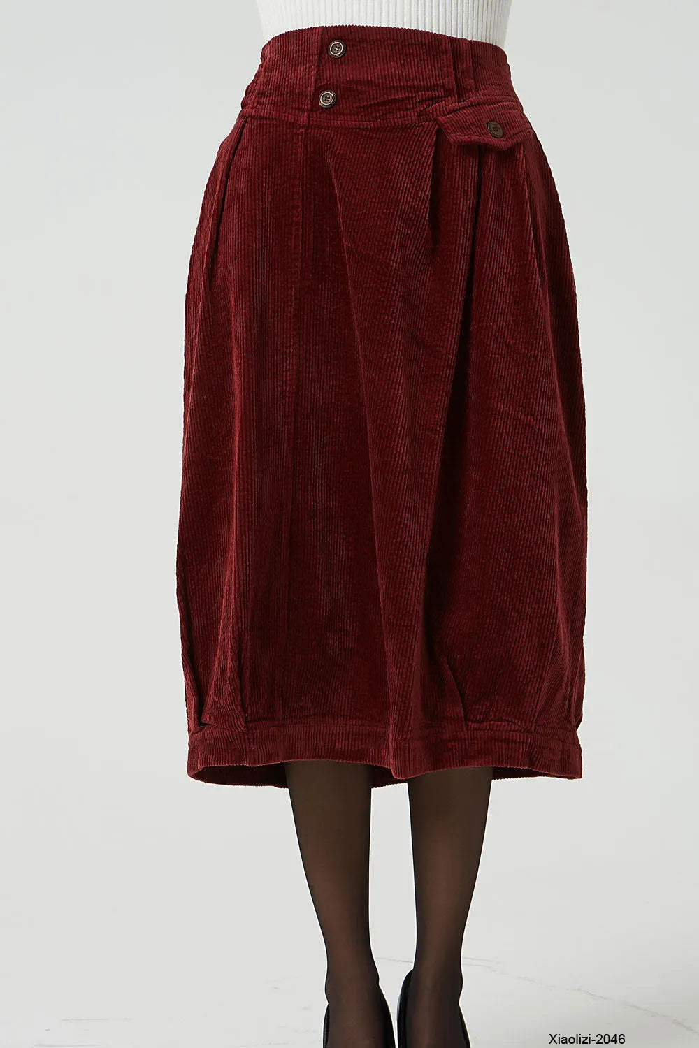 Wine Red Corduroy Bubble Skirt - Elastic Waistband, Pockets 2046