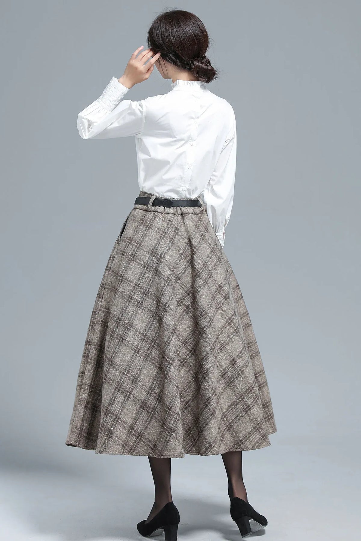 Khaki Wool Plaid Full Skirt - Elastic Waist, Side Pockets 3133