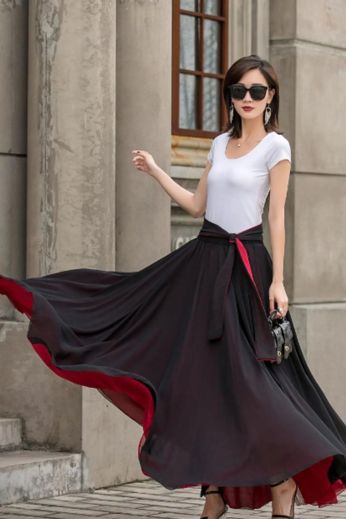 Reversible Maxi Skirt – Elegant Black/Red Chiffon Swing Circle Skirt 2714