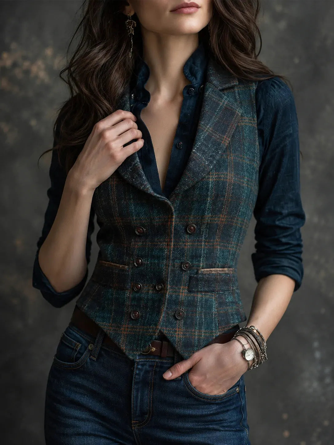 Retro Lapel Plaid Wool Vest