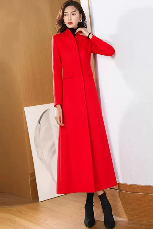 Red Wool Coat – Handmade Long Button Front Fit & Flare Winter Overcoat for Women 3972
