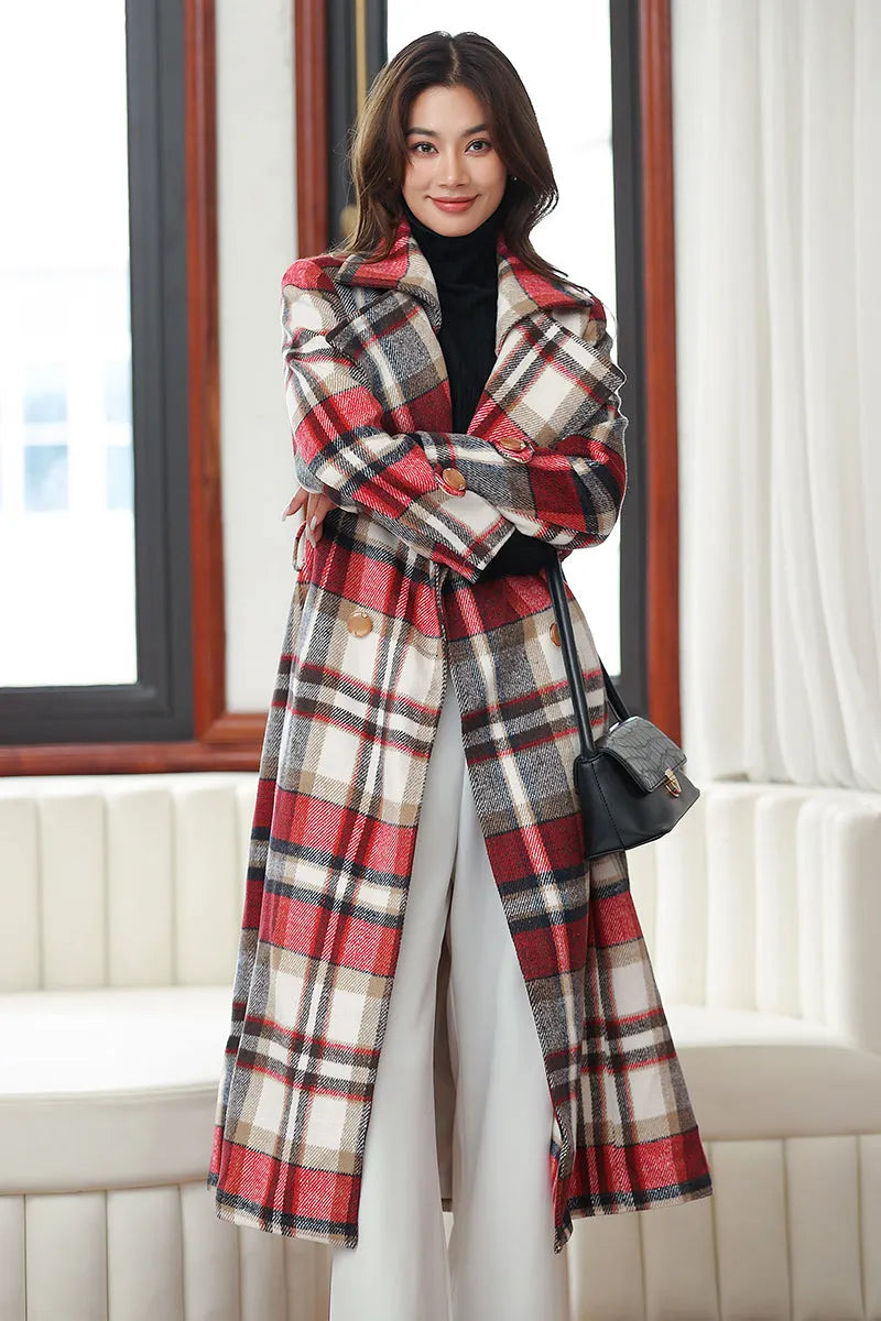 Handmade Red Plaid Wool Coat – Vintage Belted Long Winter Overcoat 