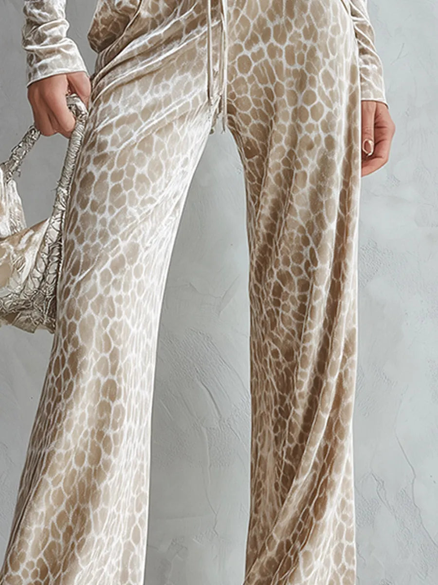 Leopard Print V-Neck Velvet Top and Flare Pants Two-Piece Set