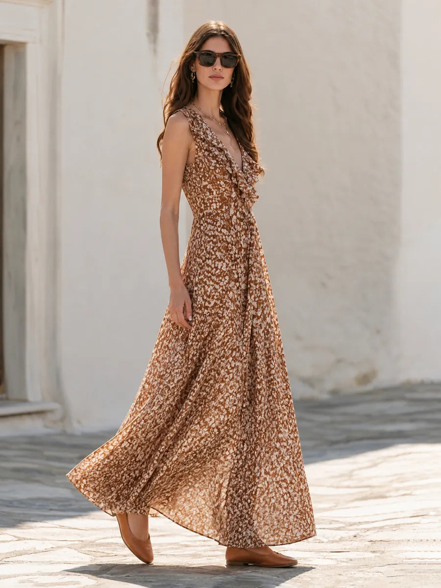 Fuzzy Mohair Open Front Oversized Long Cardigan And Brown Ditsy Floral Print Ruffle V-Neck Flowy Tiered Maxi Dress Two P