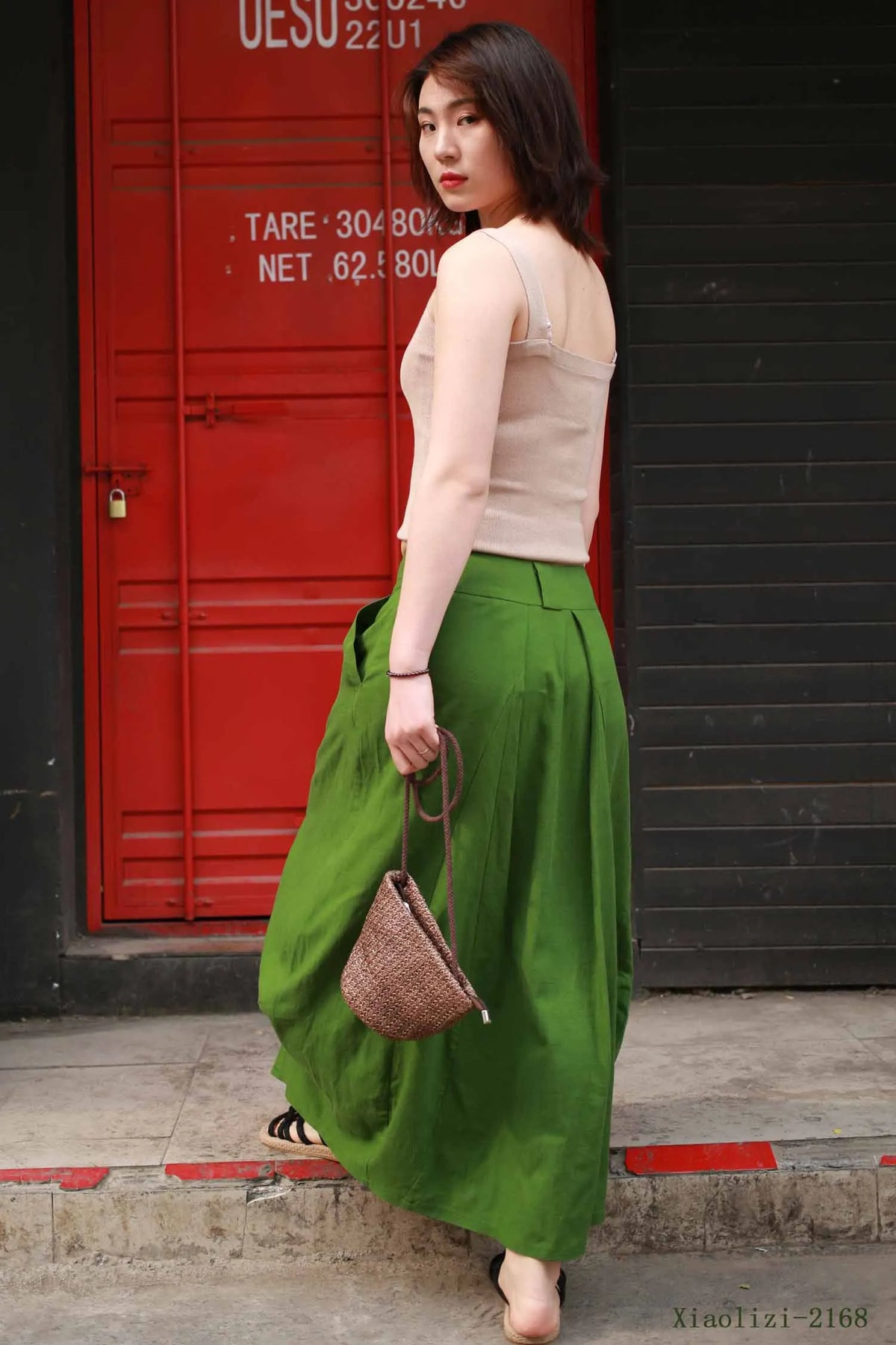 Handmade Linen Bubble Skirt Green – High-Waist Pleats Midi – 0984