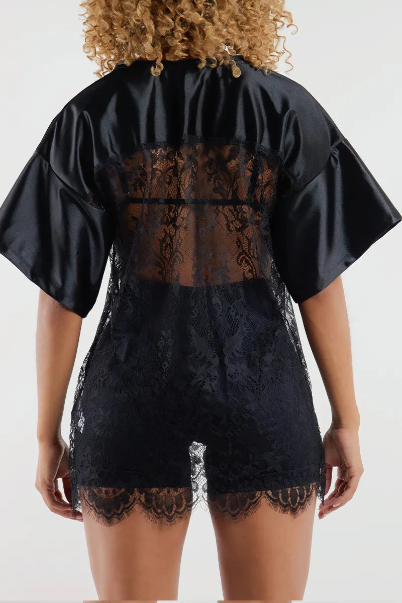 Women V-neck Splicing Printed Hollow Casual Top
