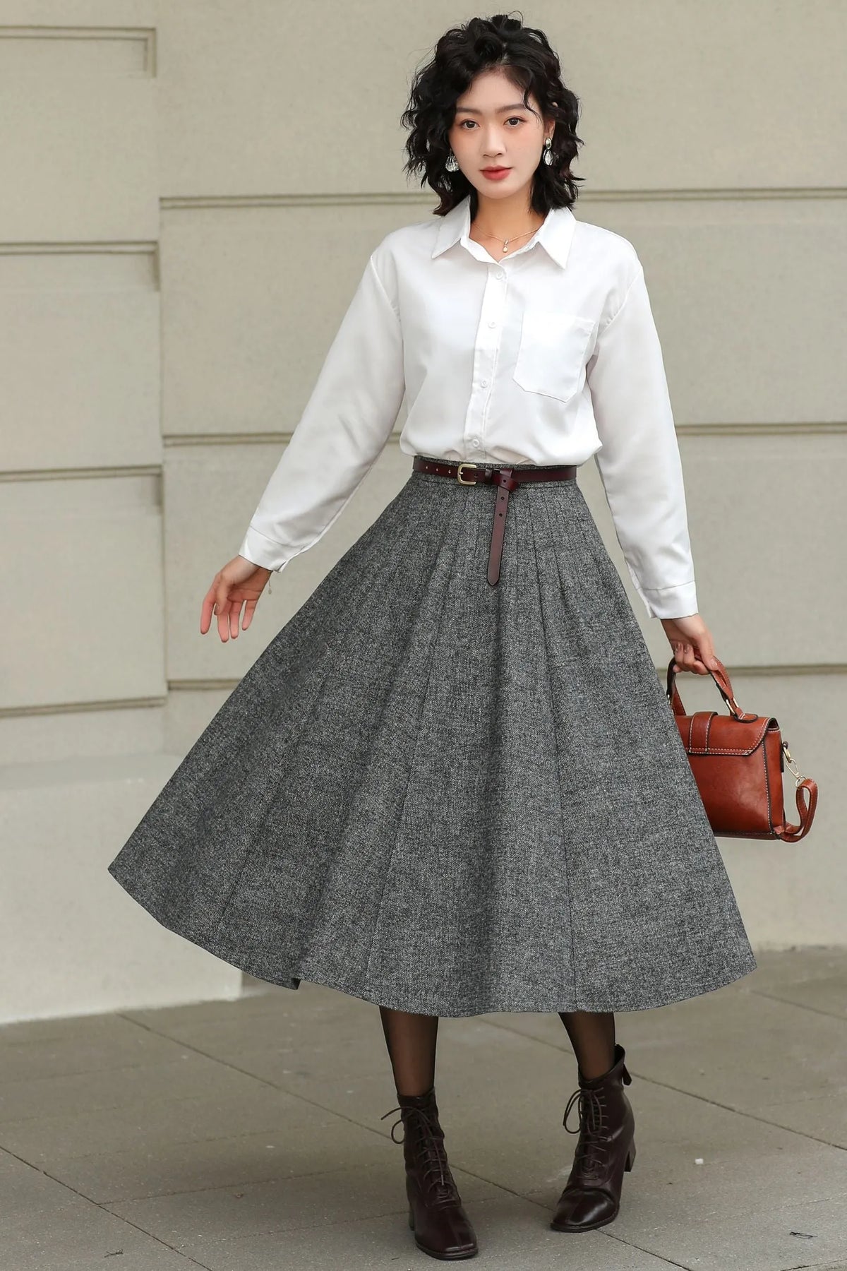 Grey Wool Pleated Midi Skirt - A-Line Silhouette with Pockets 6416