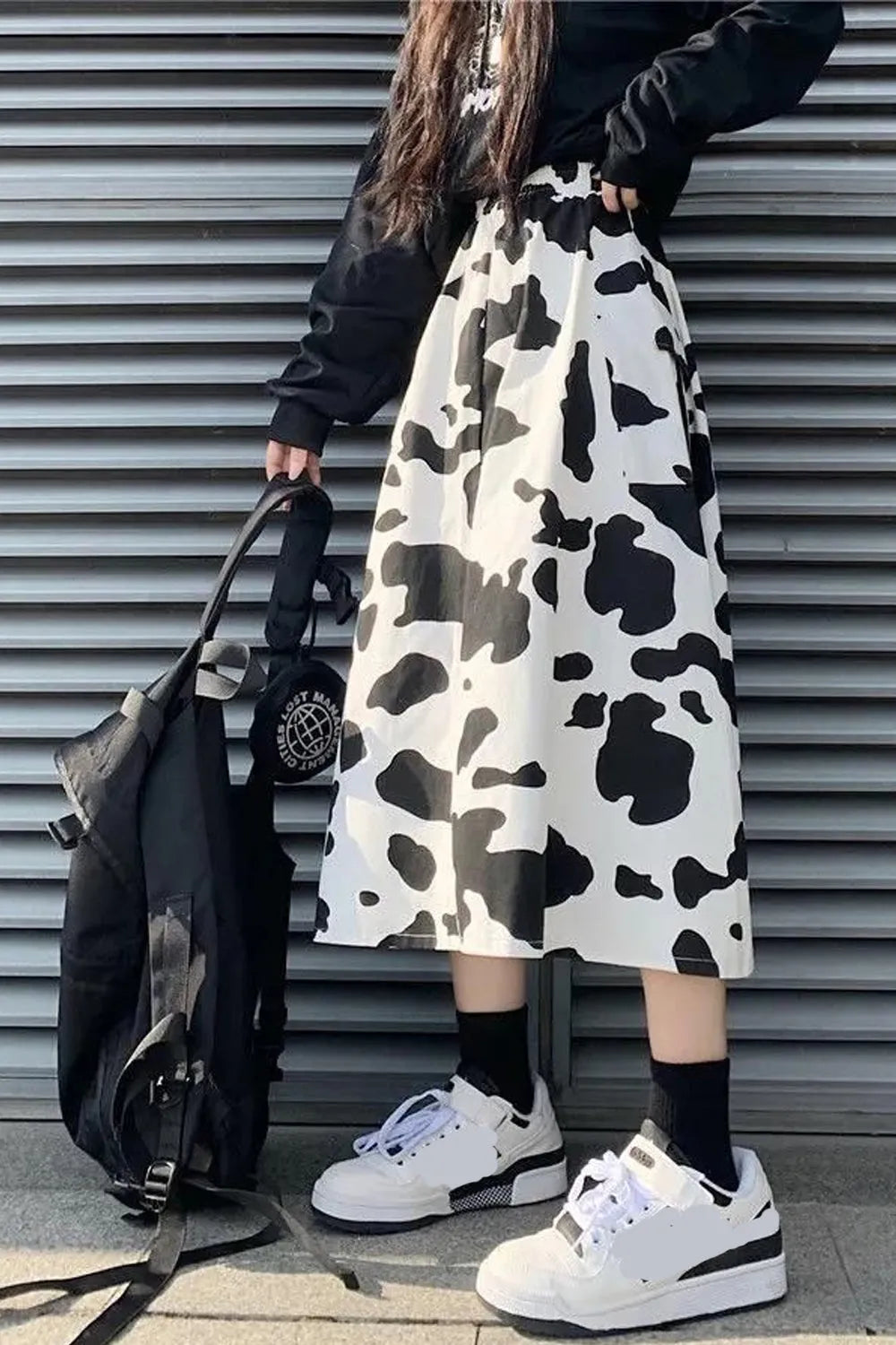 KittenAlarm - Loose Cow Printed Mid Calf Skirts