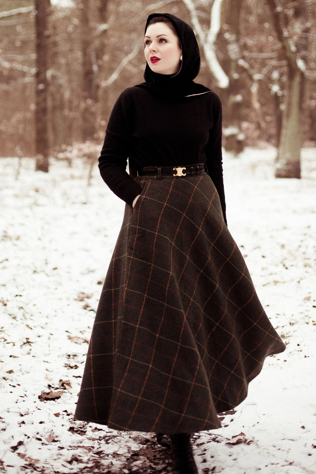 Green Plaid Wool Skirt - Full Ankle-Length with Stretch Waistband 4125