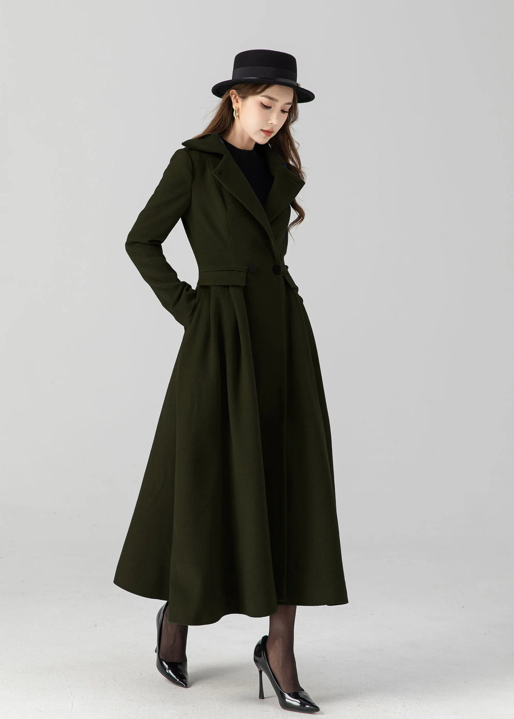 Army Green Wool Long Coat - Vintage Inspired A-Line Swing 5505