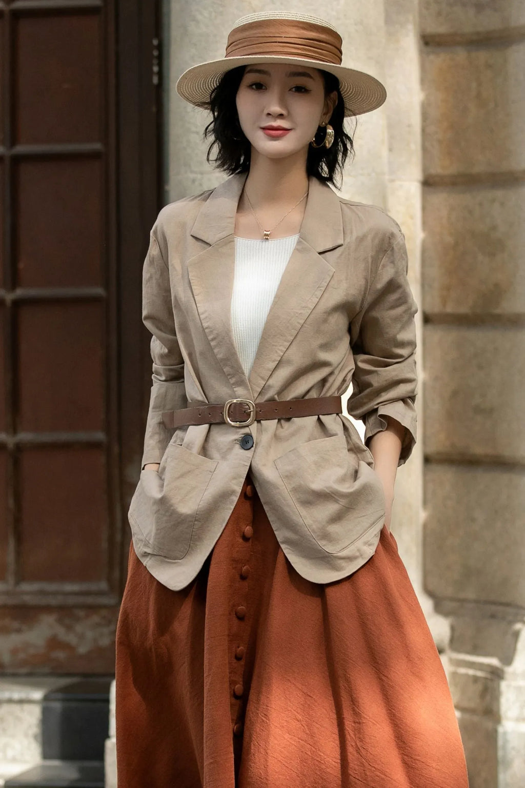 Beige Linen Cotton Jacket with Pockets - Classic Lapel Collar 5690