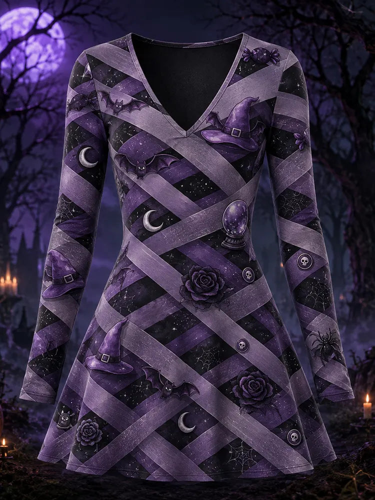 Women's Halloween Print V Neck Long Sleeve Midi Dress