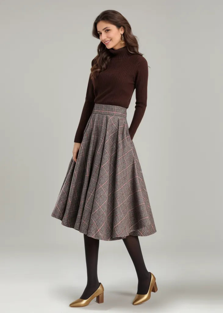 Wool Blend Plaid Skirt – A-Line Pleated Midi Skirt with Back Zipper 3167