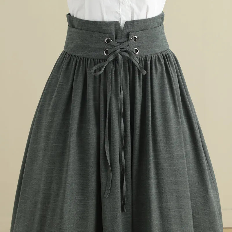 Green Linen Cotton Midi Skirt - Pleated High Waist with Drawstring 2788