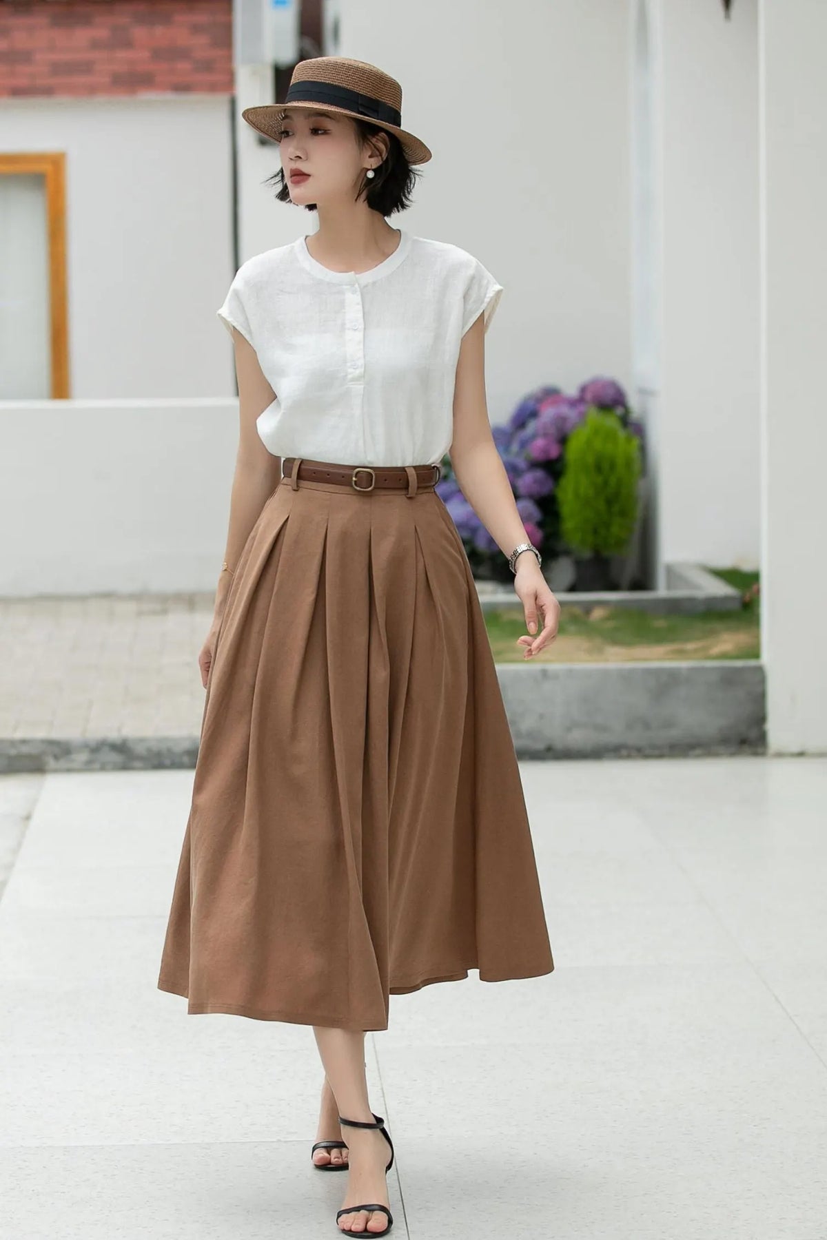 Coffee Linen Midi Skirt - Pleated A-Line with Belt Loops 5982