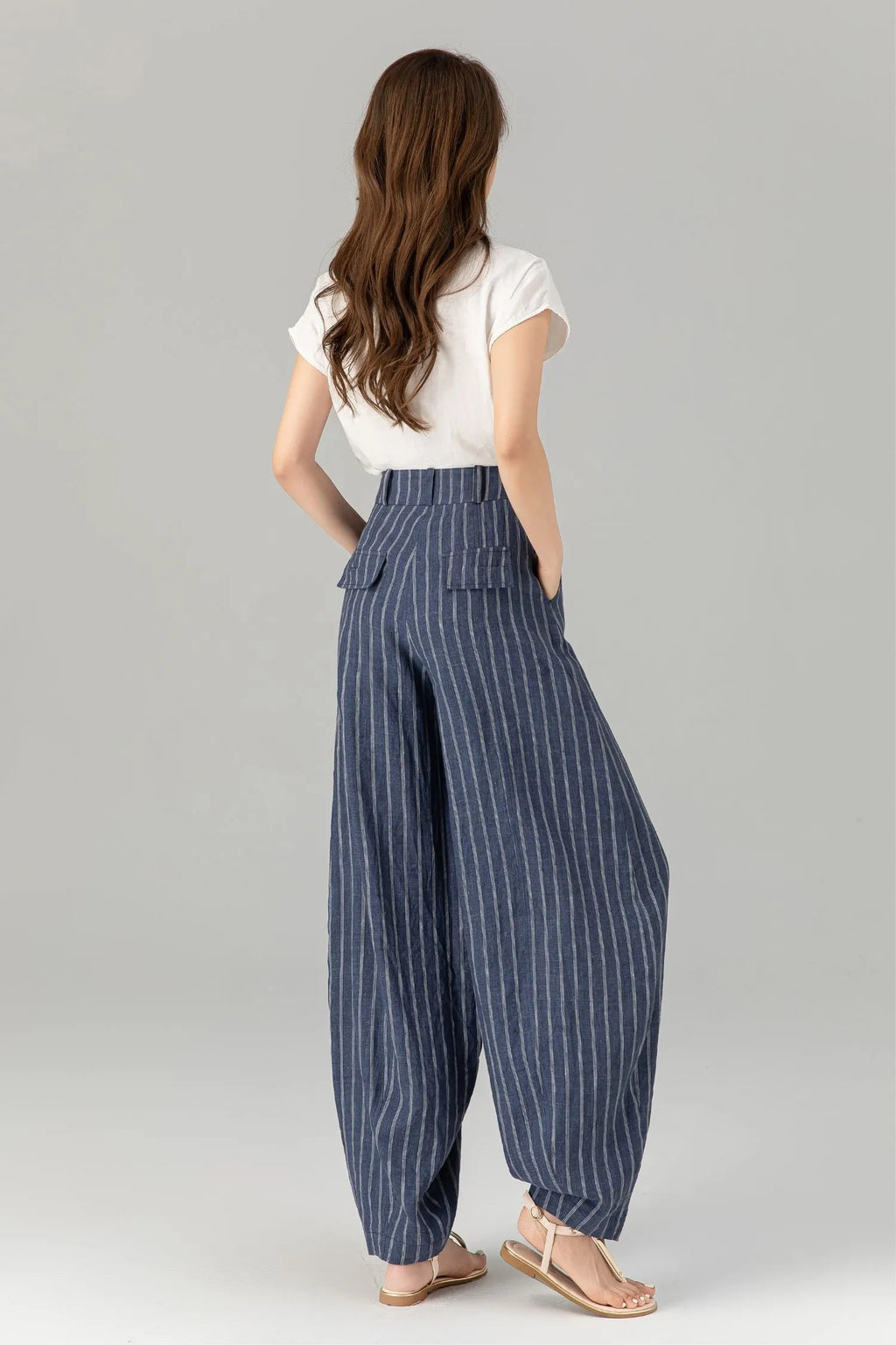 Blue Linen Pants - Plus Size Striped Ankle-Length Relaxed Fit 4939