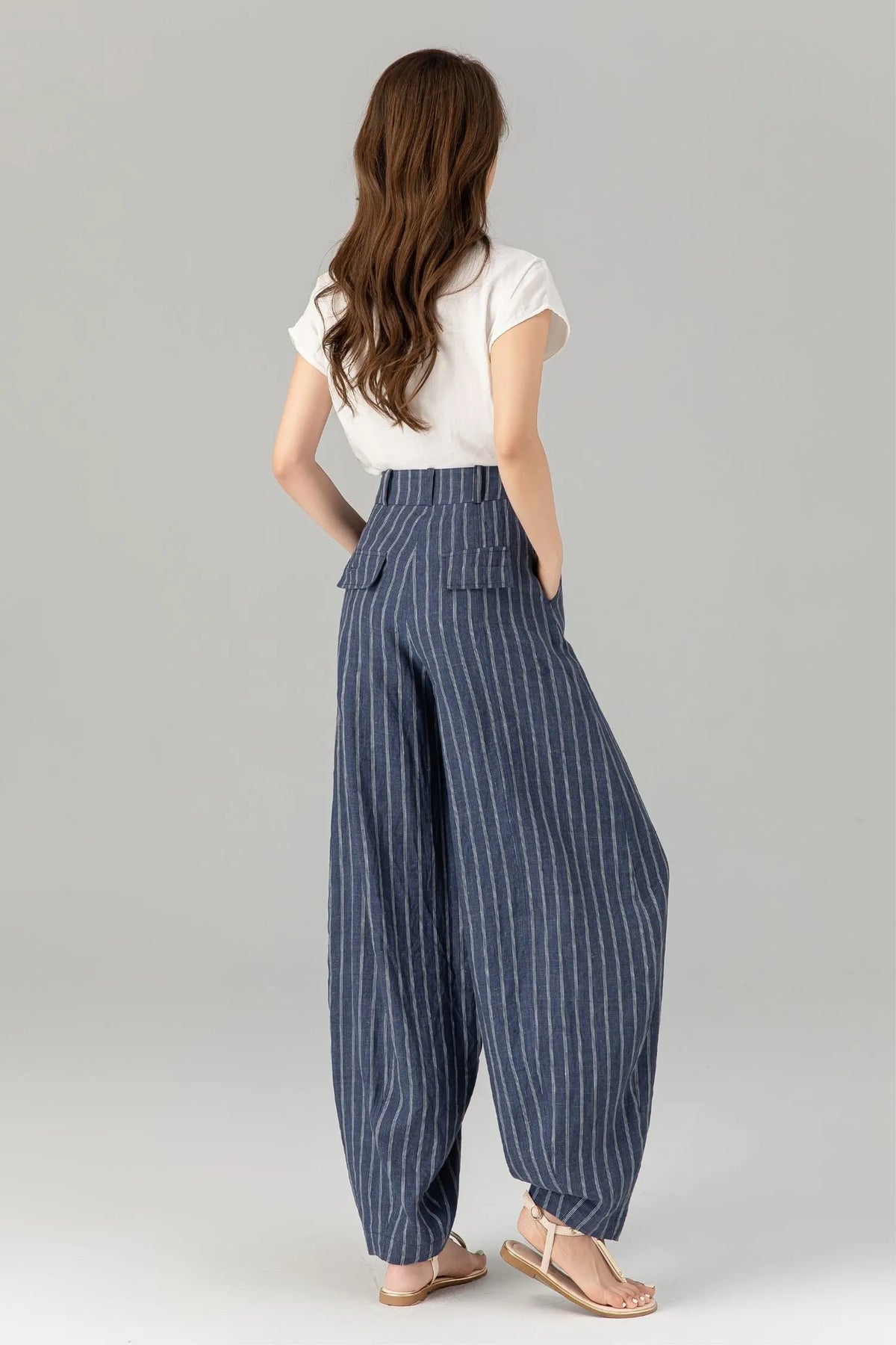 Blue Linen Pants - Plus Size Striped Ankle-Length Relaxed Fit 4939