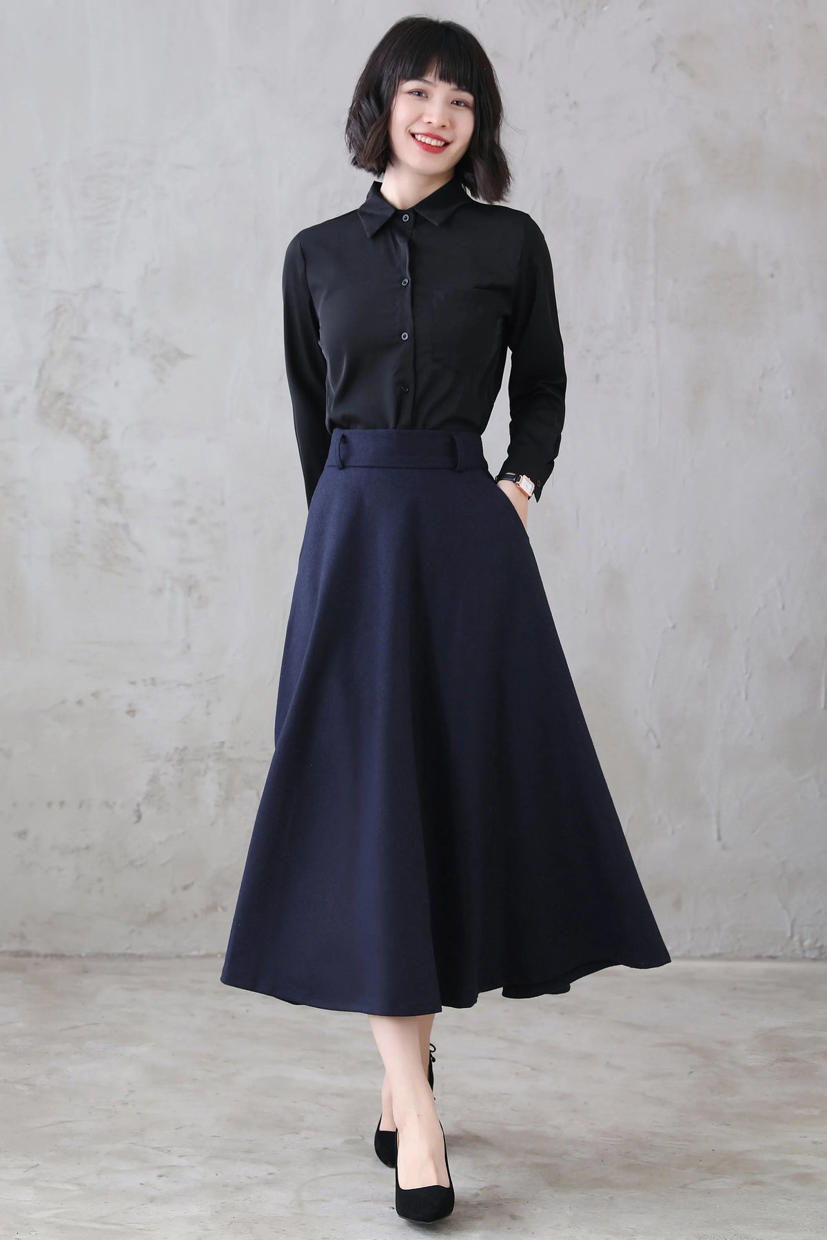 Navy Wool Midi Skirt - Vintage Inspired A-Line Silhouette 3118
