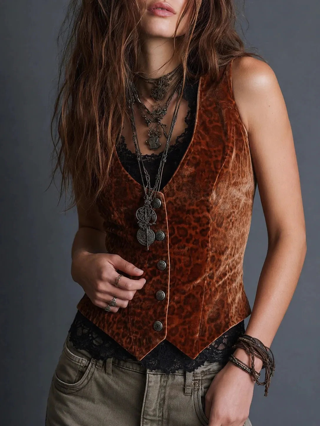 Caramel Velvet Leopard Lace Button Vest