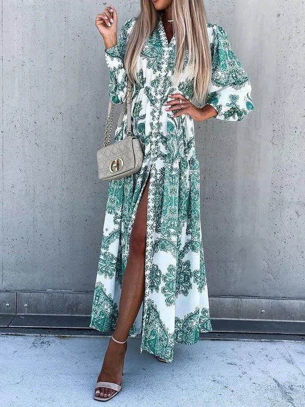 Vintage Print Long Sleeve Slit Dress