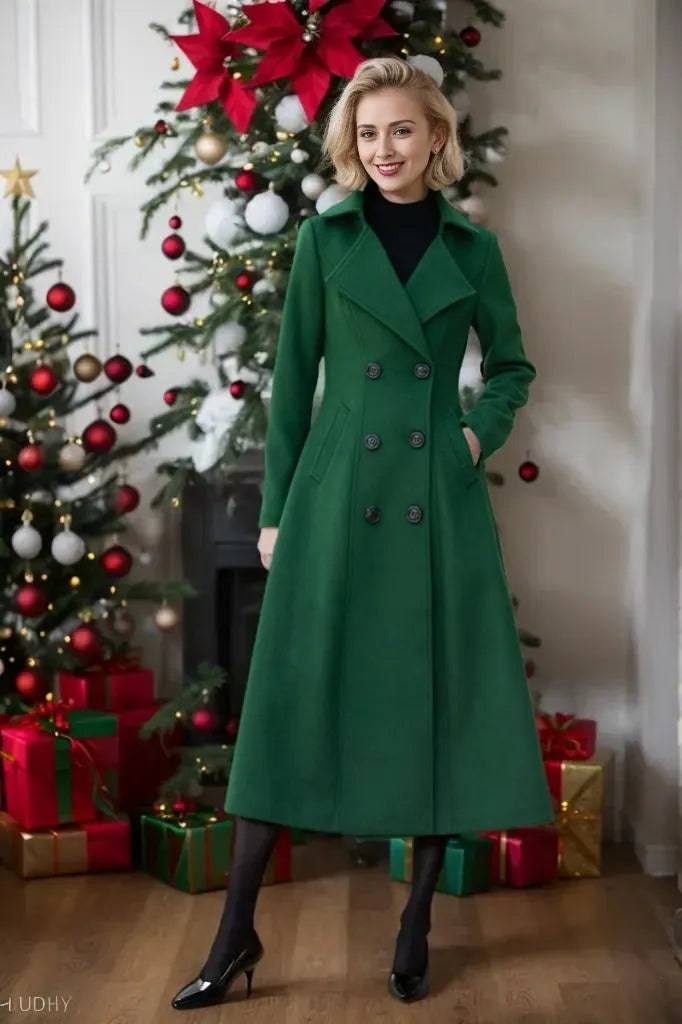 Green Wool Midi Coat - Double Breasted Tailored Fit 5349