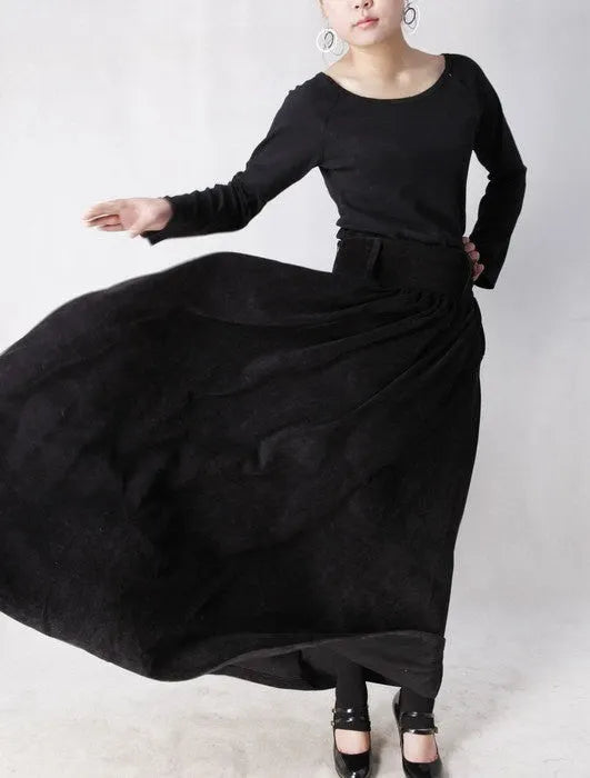 Black Corduroy Maxi Skirt - Pleated Waist, Ankle Length MM35