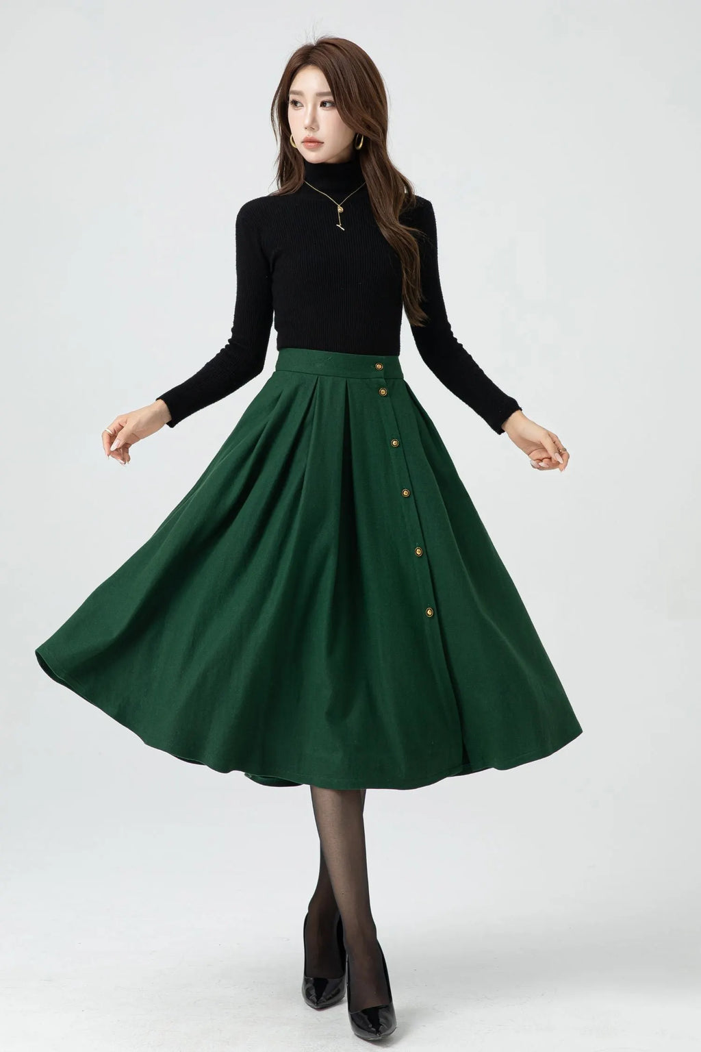 Green Wool Midi Skirt - Button Front Pleated Circle Skirt 5322