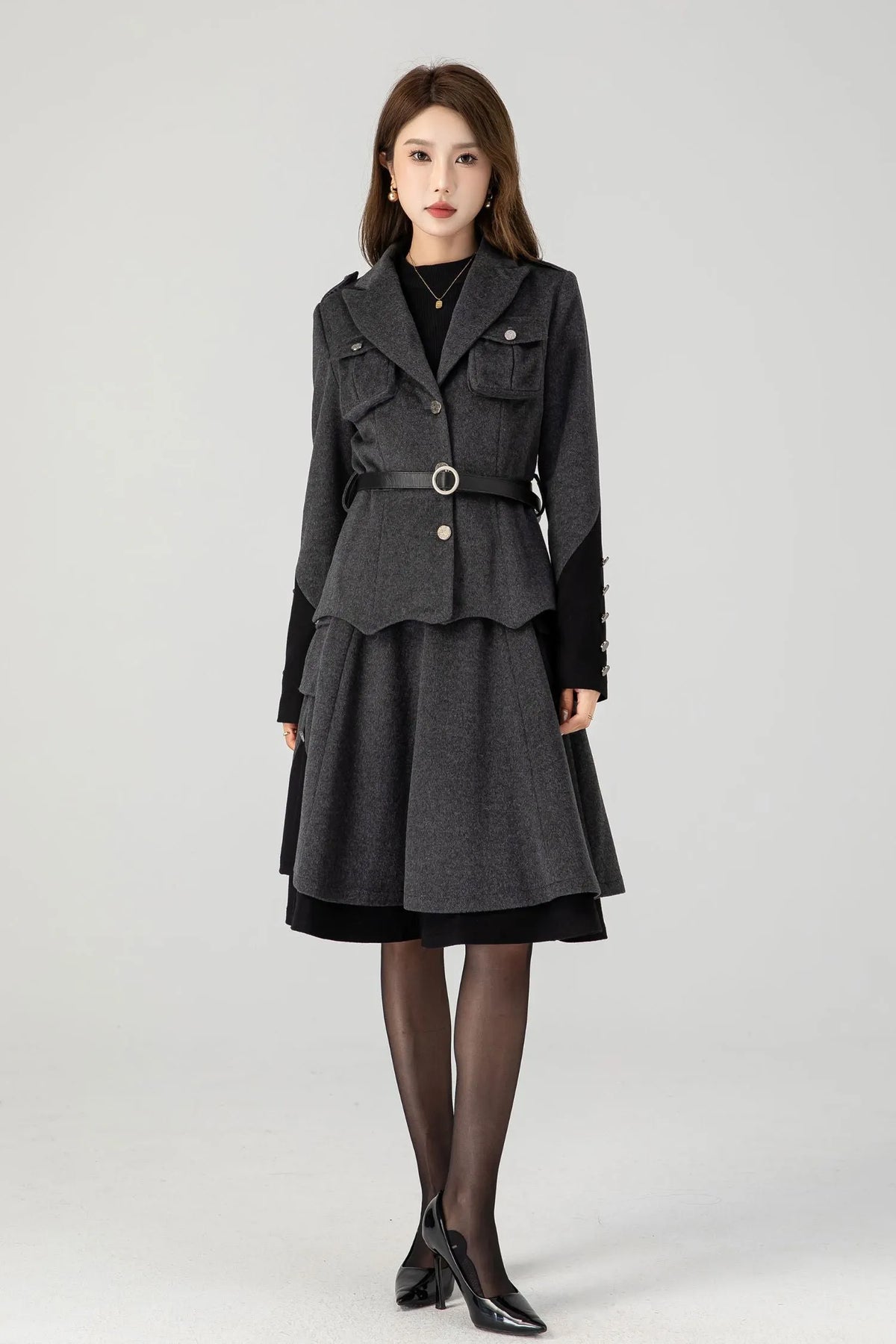Gray Wool Military Short Coat - Relaxed Fit, Button-Flap Pockets 4605