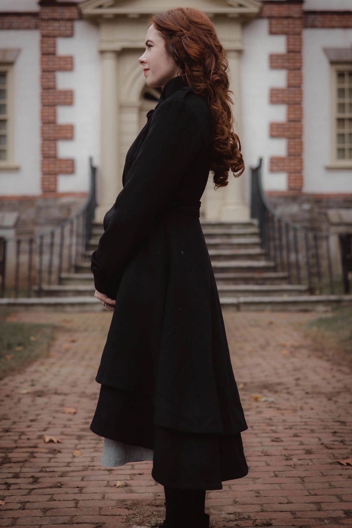 Black Wool Blend Long Coat - Asymmetrical Hem with Stand Collar 3257