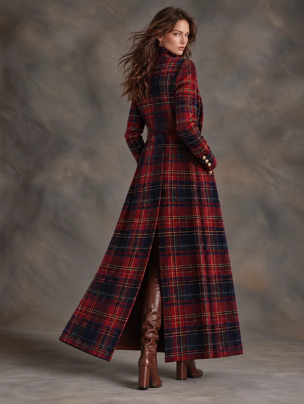Women's Tartan Plaid Military Style Long Velvet Coat