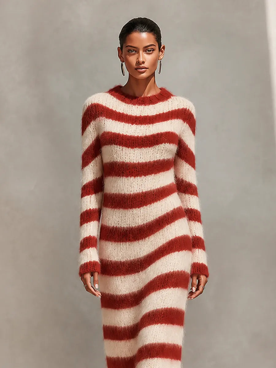 Women's Crew Neck Striped Knit Dress For Fall Daily Wear MDZ0223I7LYL