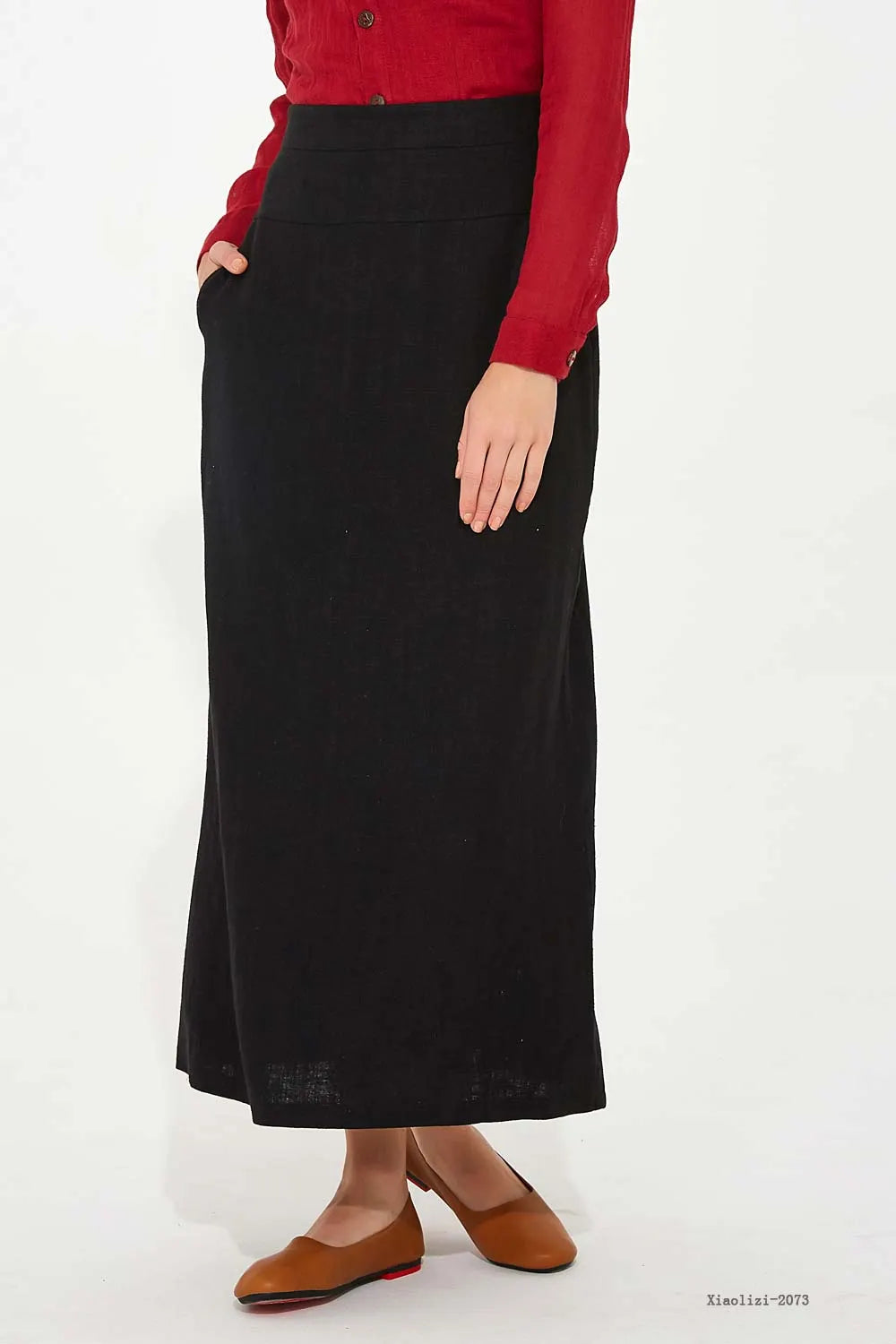 Black Linen High-Waisted Straight Skirt - Fitted Silhouette 2073