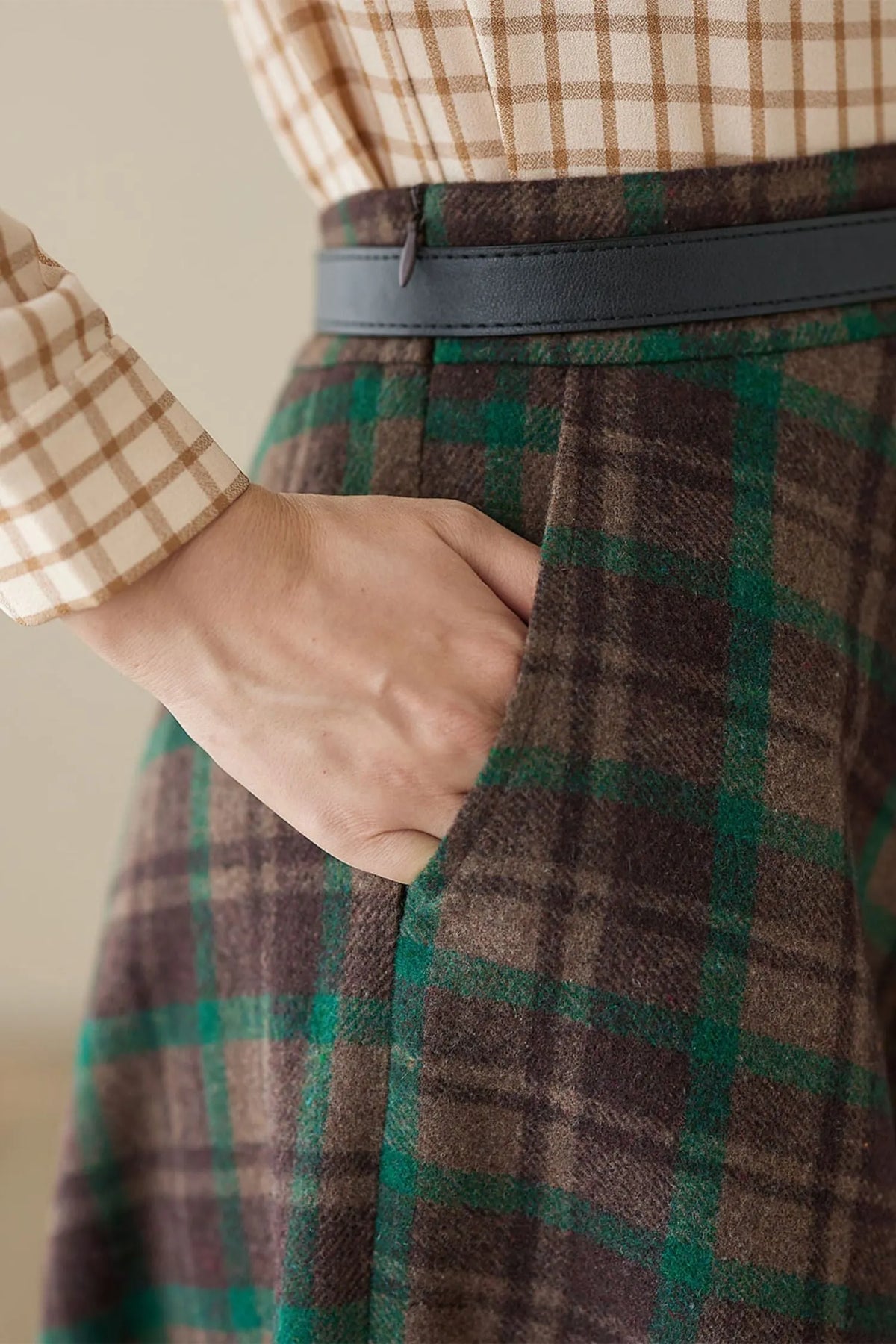 Brown Wool Midi Skirt - High-Waisted A-Line Plaid 4623