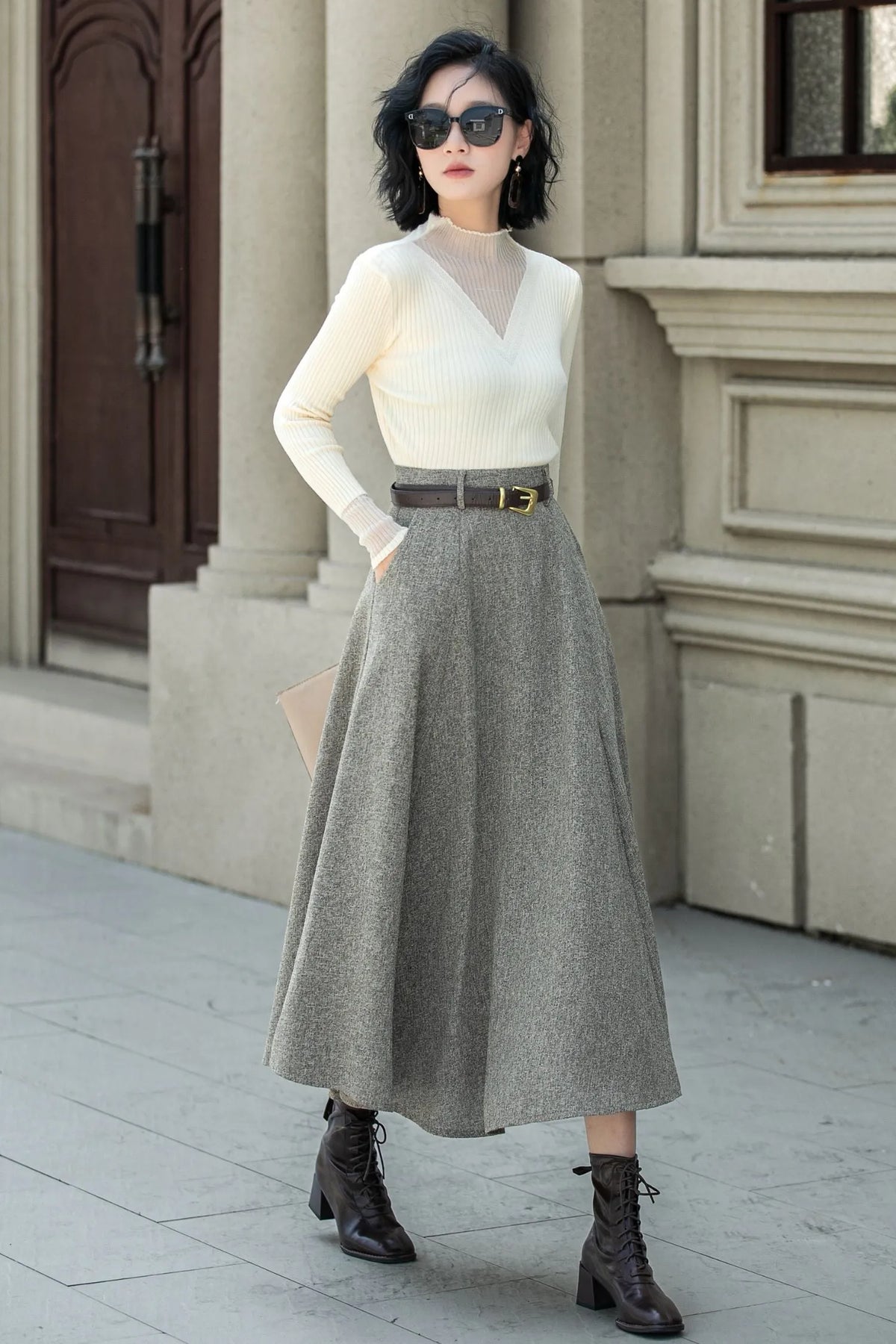 Gray Wool A-Line Midi Skirt - High Waist with Pockets 5313