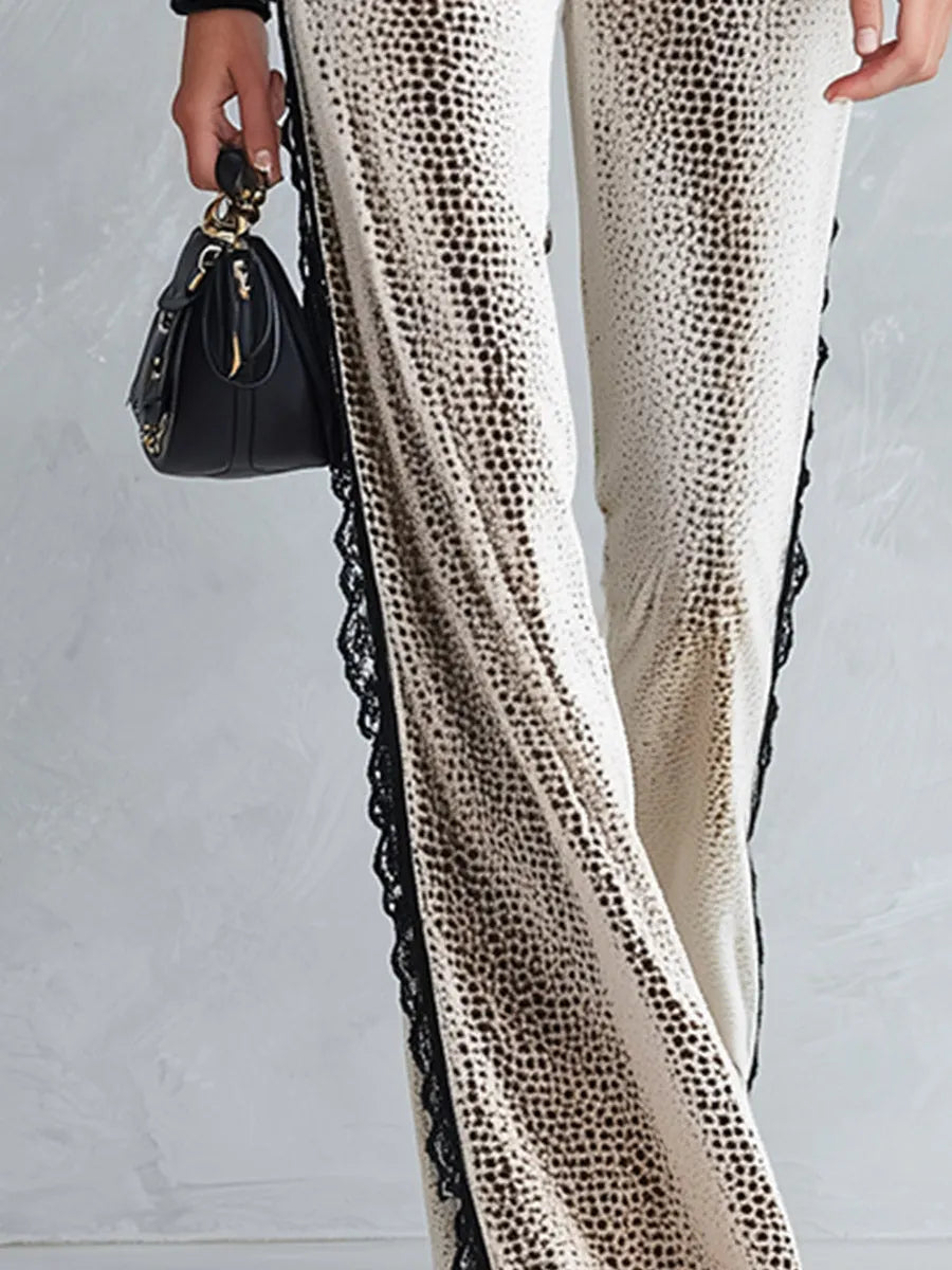 Women's Ivory Polka-Dot Print Velvet Top and Lace-Trimmed Wide-Leg Pants Set