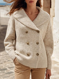 Old Money Resort Heather Oat Double Breasted Shawl Collar Knit Cardigan