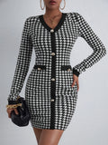 KittenAlarm - Houndstooth Button Up Bodycon Dress