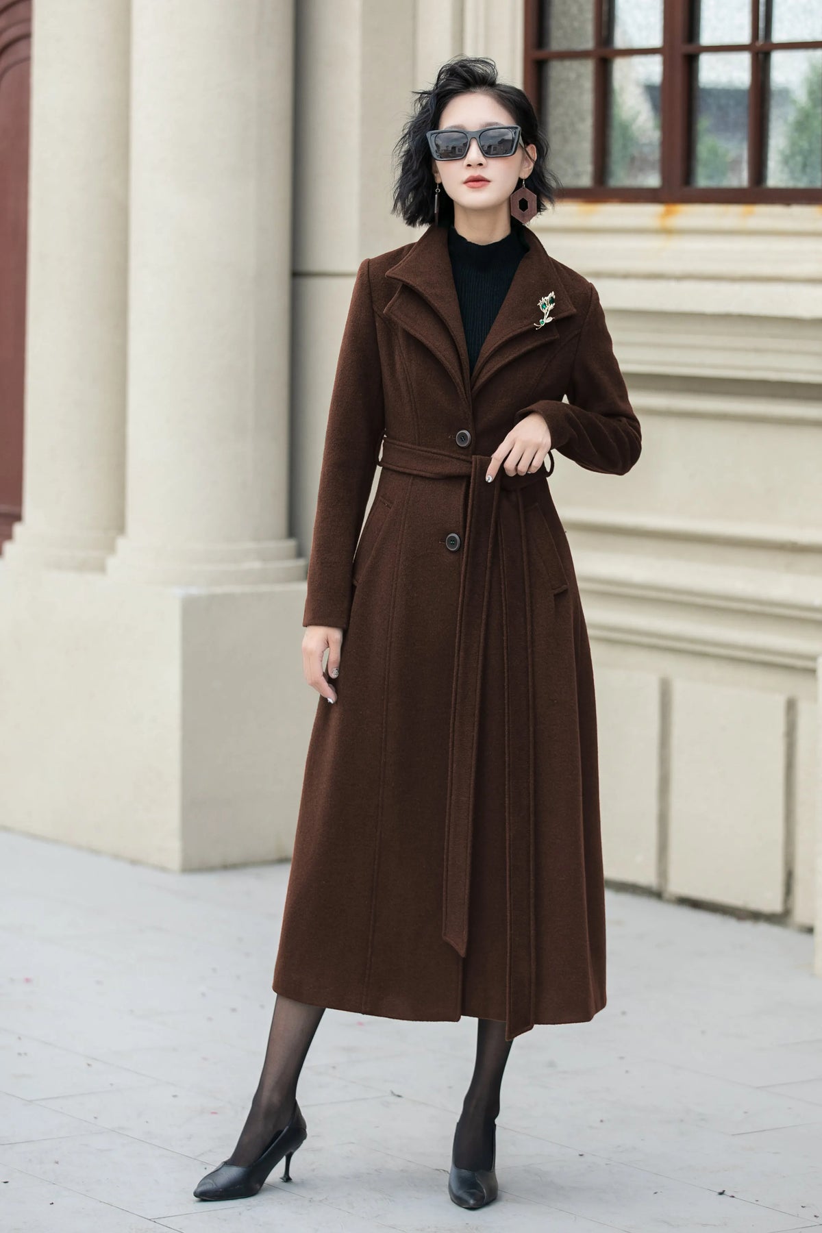 Brown Wool Midi Coat - Flared Silhouette with Fabric Belt 6306