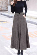 Plaid Wool Midi Skirt - A-Line with Pockets and Back Elastic Waist 4648