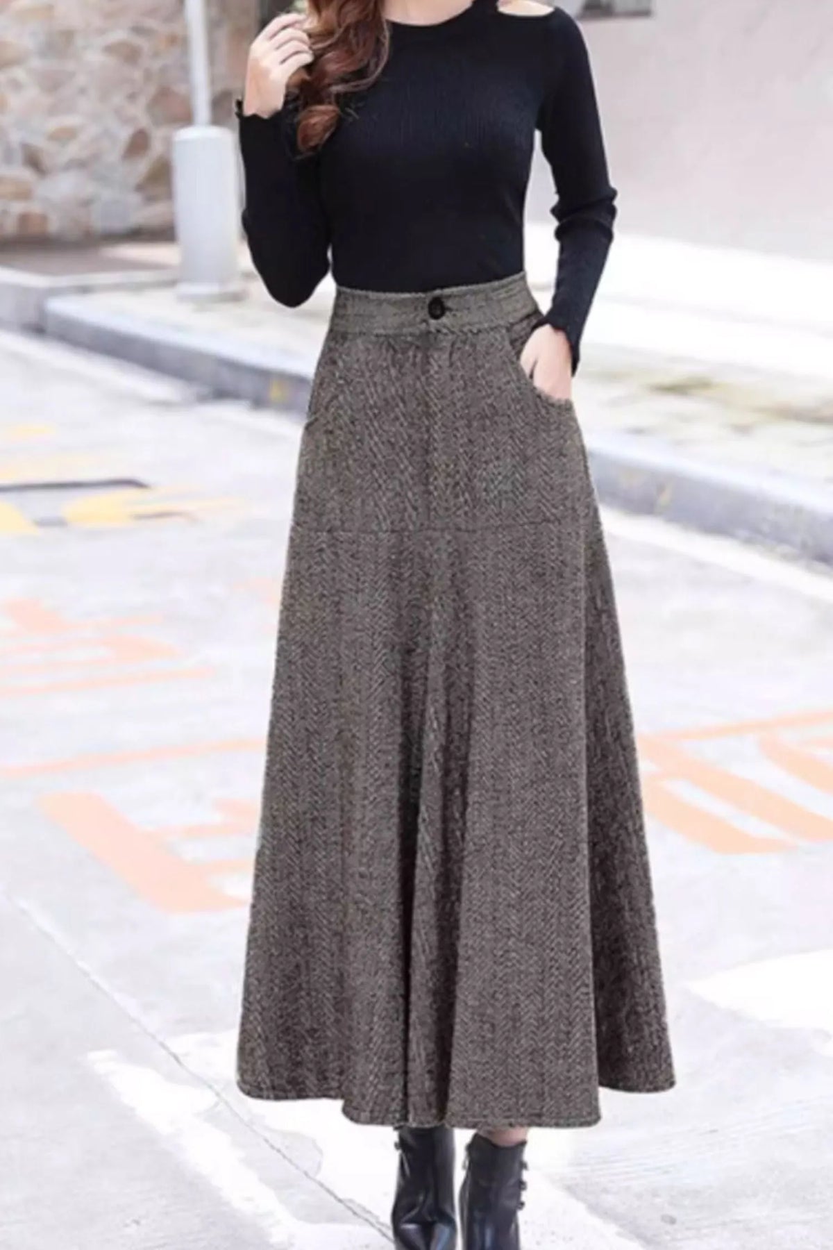 Plaid Wool Midi Skirt - A-Line with Pockets and Back Elastic Waist 4648