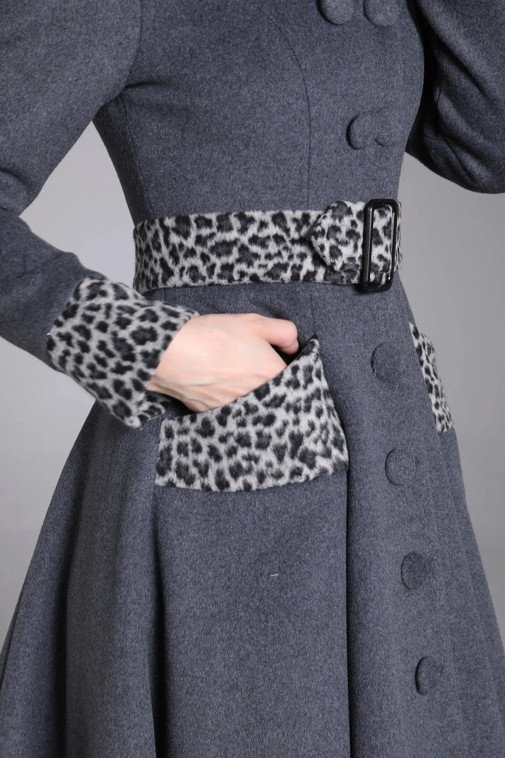 Gray Wool Midi Swing Coat - Leopard Trim & Belted Fit and Flare 3872