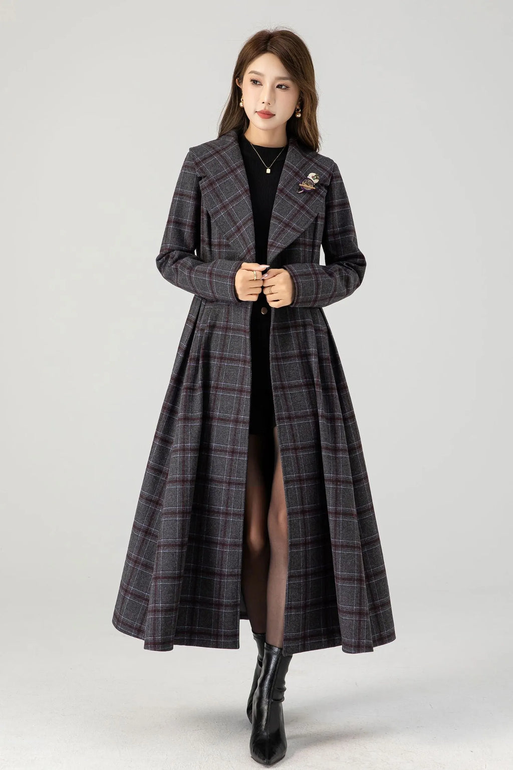 Handmade Plaid Wool Coat – Vintage Fit & Flare Double-Breasted Winter Overcoat 