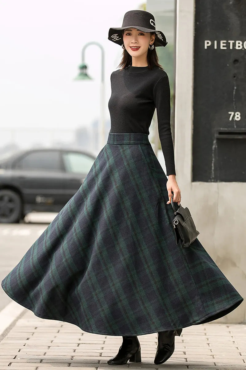 Dark Green Plaid Wool Maxi Skirt – Vintage High Waist Winter Skirt with Pockets 2836