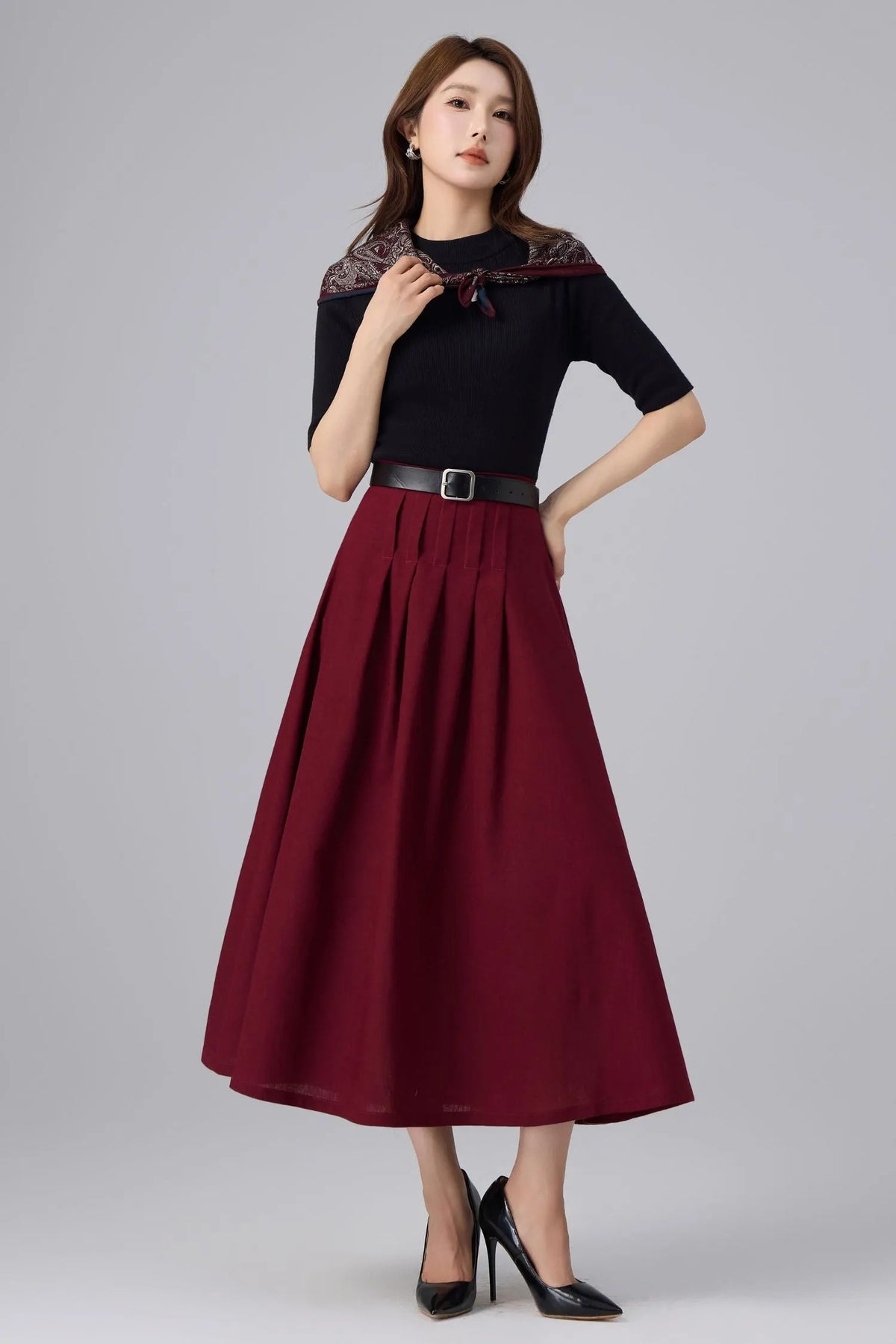 Burgundy Linen Midi Skirt - High Waist Pleated A-Line 