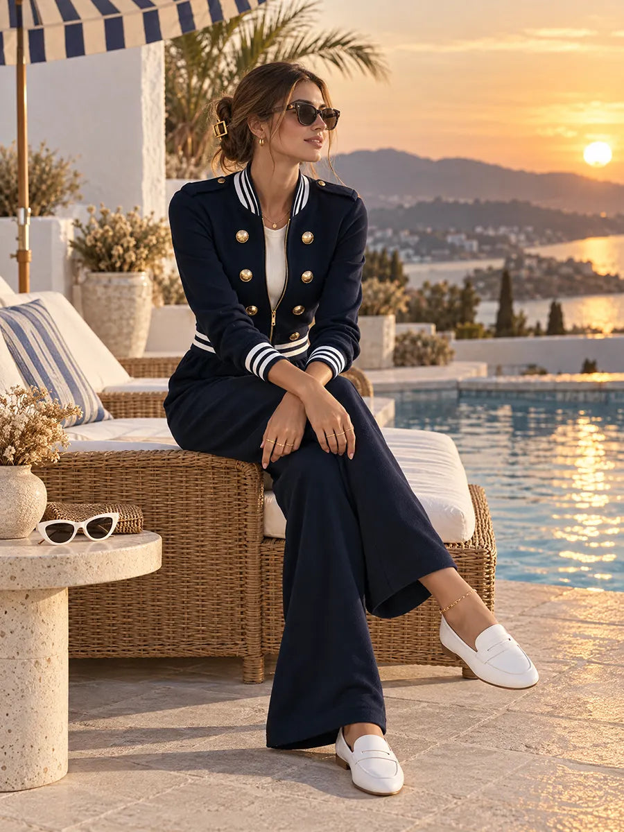 Old Money Navy Blue Stand-Collar Striped Rib-Trim Double-Breasted Gold-Butto Elastic-Waist Wide-Leg Long-Sleeve Jumpsuit