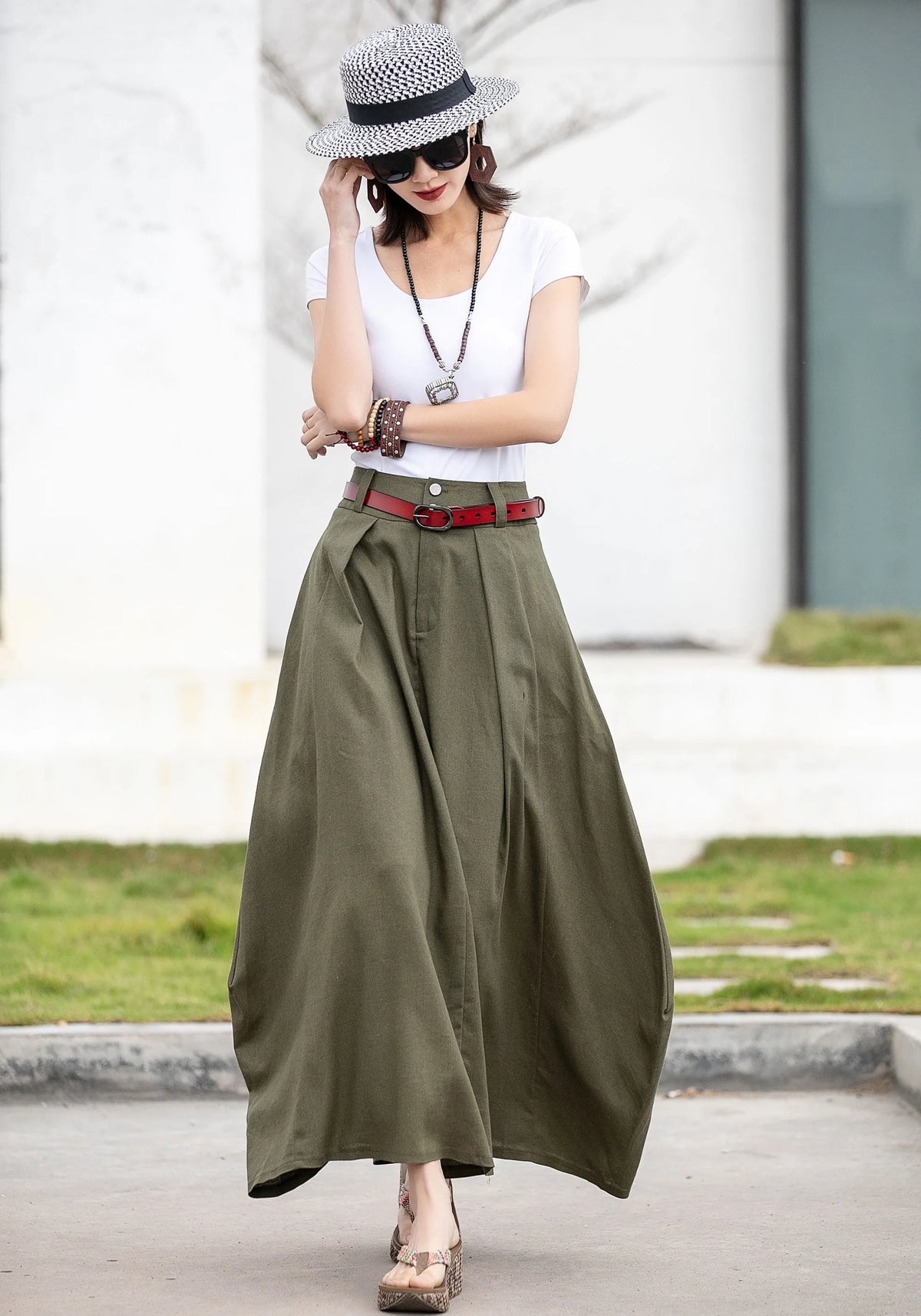Olive Green Linen Cotton Skirt – Handmade A-Line Maxi Skirt for Women 